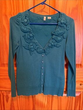 Anthropologie Moth Cardigan Sweater Teal Floral Bird Appliqué S/P